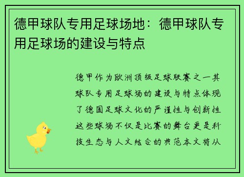 德甲球队专用足球场地：德甲球队专用足球场的建设与特点
