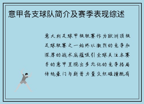 意甲各支球队简介及赛季表现综述